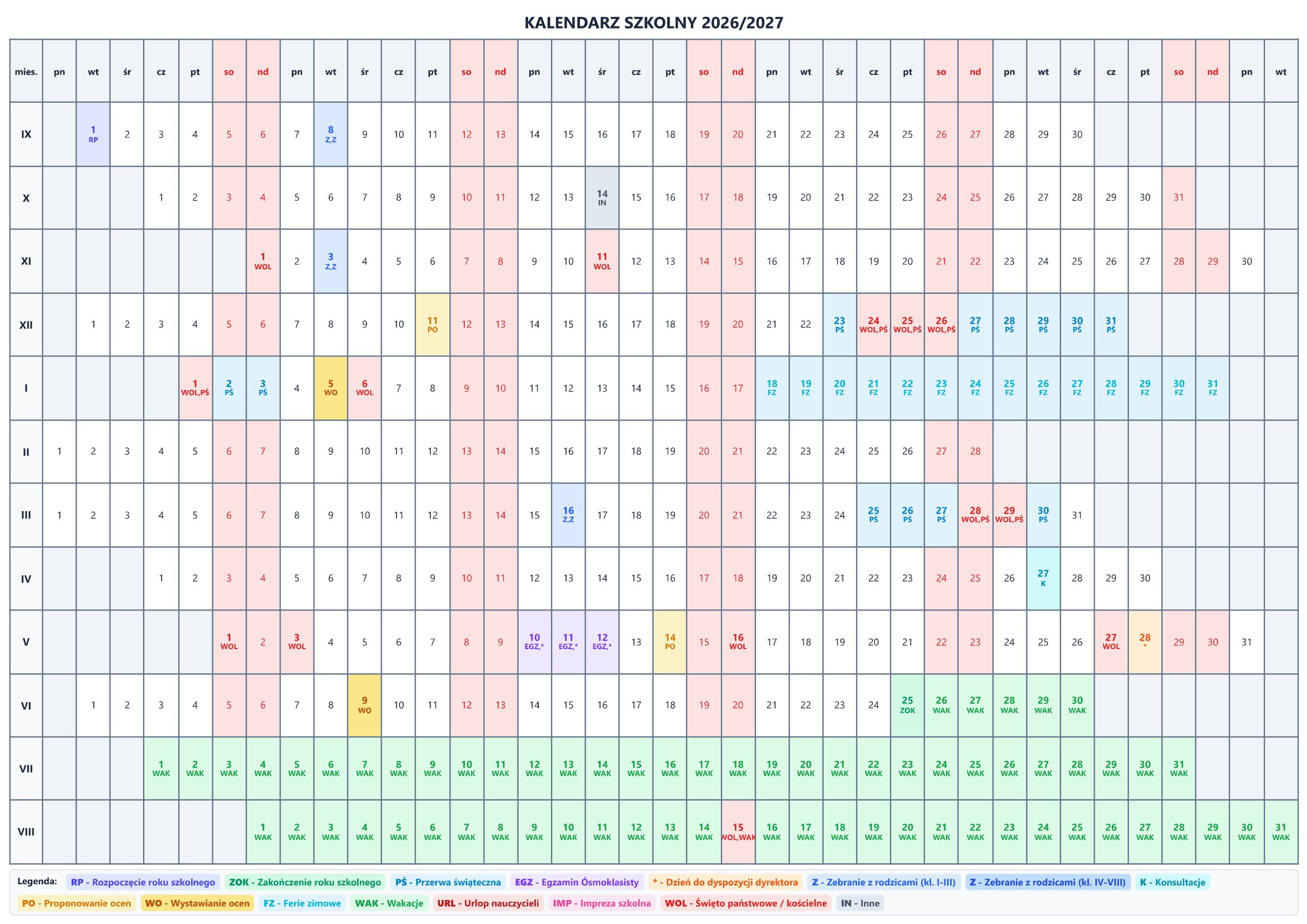 Podgląd graficzny: Kalendarz na rok szkolny 2026/2027